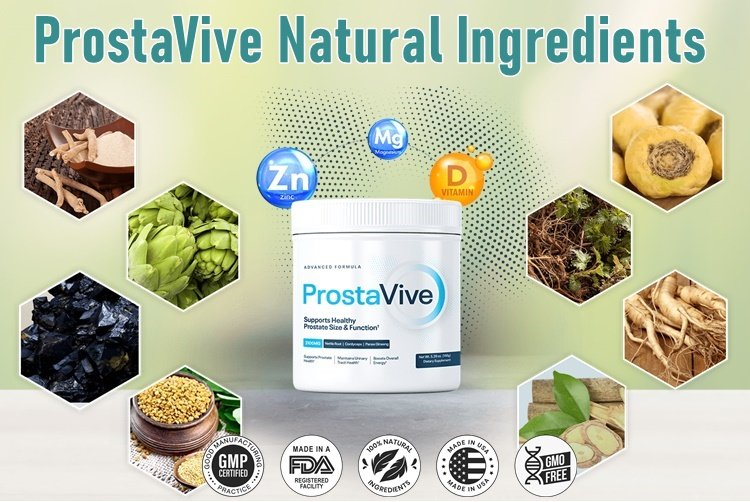 ProstaVive natural ingredients collage with zinc, magnesium and vitamin D3